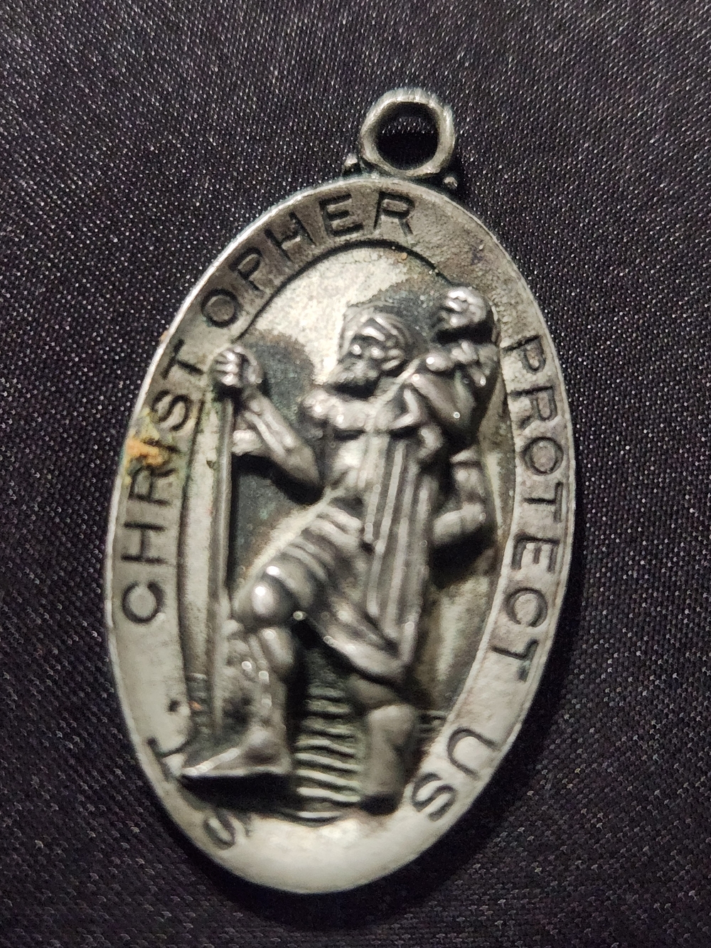 Vintage HFB Pewter St. Christopher Protect Us Oval Medal Pendant
